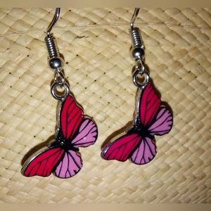 Pink enamel Butterfly Silver tone drop pierced earrings